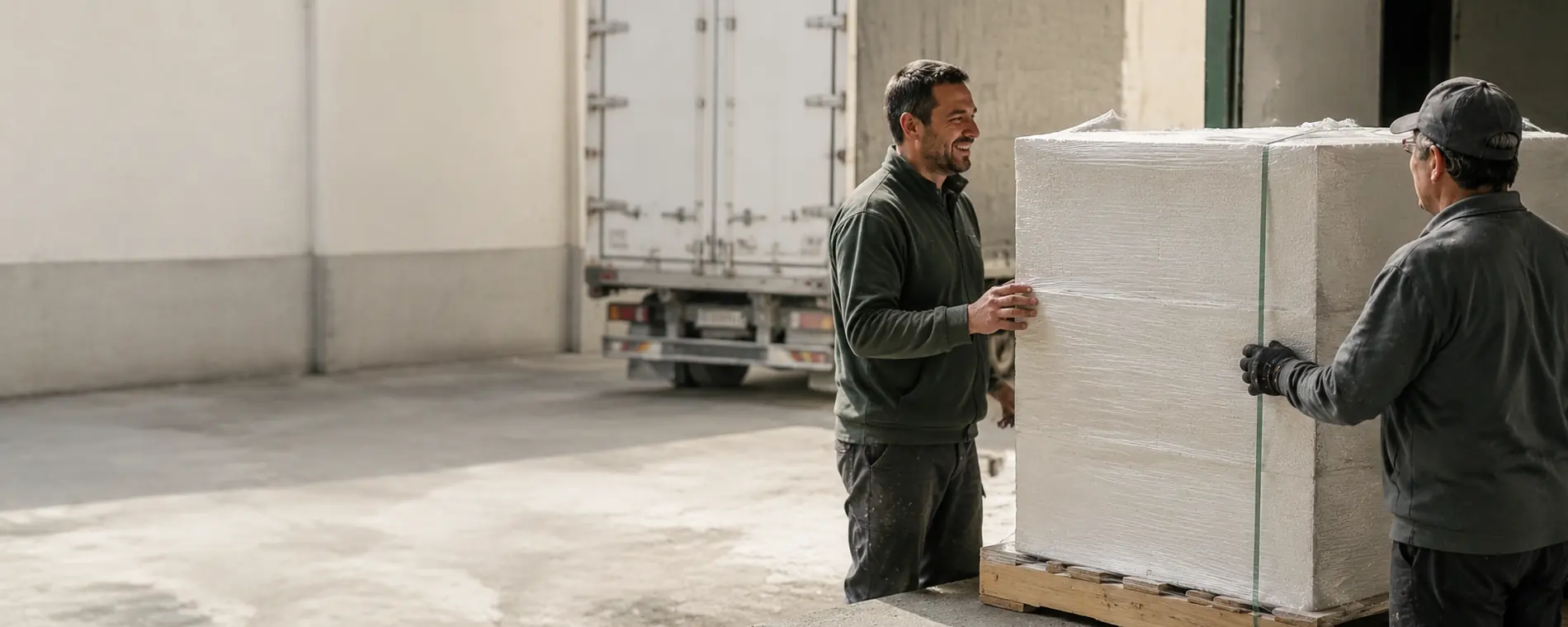 Dos operarios de Telgomol cargando un pallet de EPS junto al camión