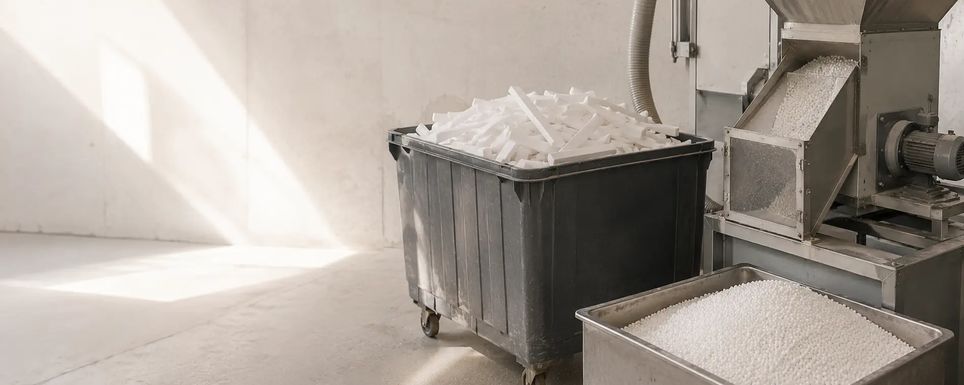 Contenedor con recortes de EPS listos para reciclar en la planta de Telgomol
