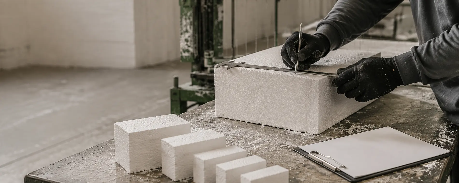 Corte manual de un bloque de EPS con cuchilla sobre la mesa de trabajo