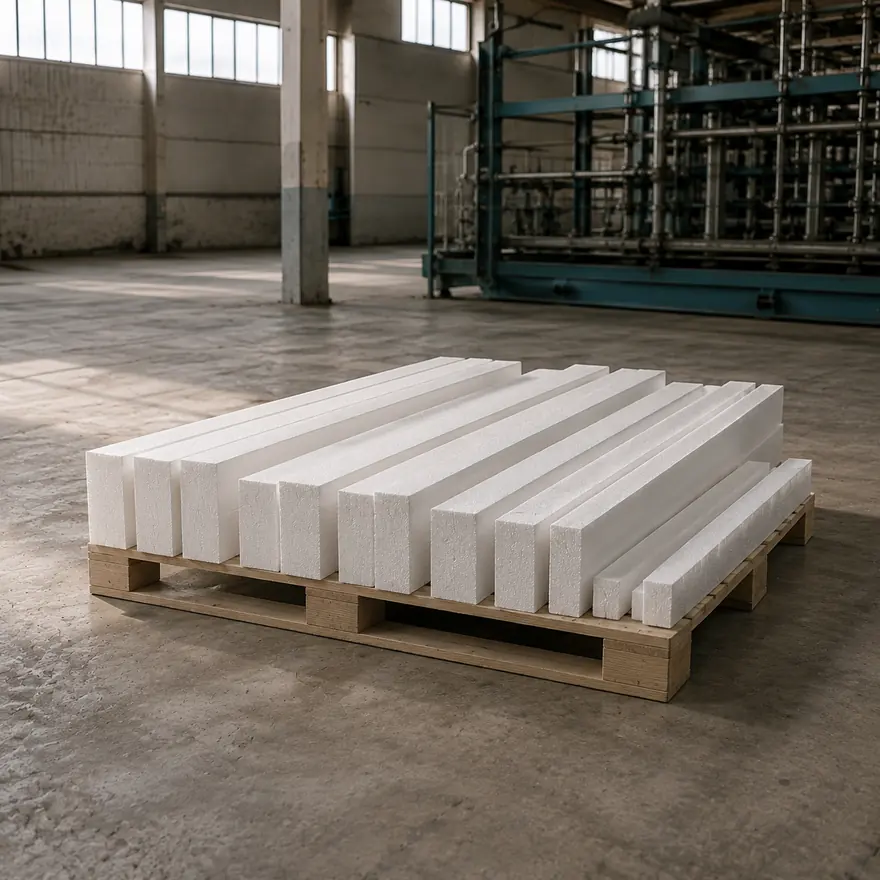 Listones de EPS cortados a medida sobre un pallet